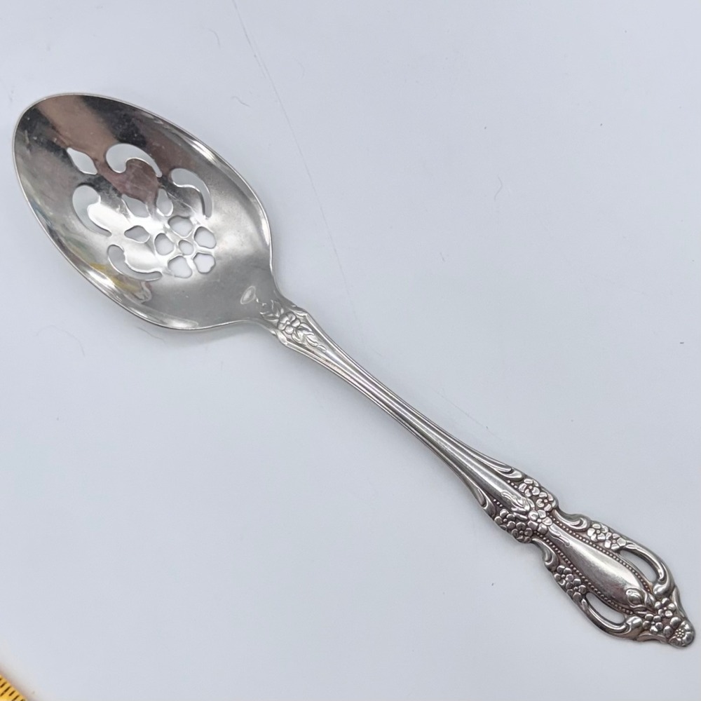 Oneida Samantha Slotted Serving Spoon Pierced Stainless Steel Floral 8.25"